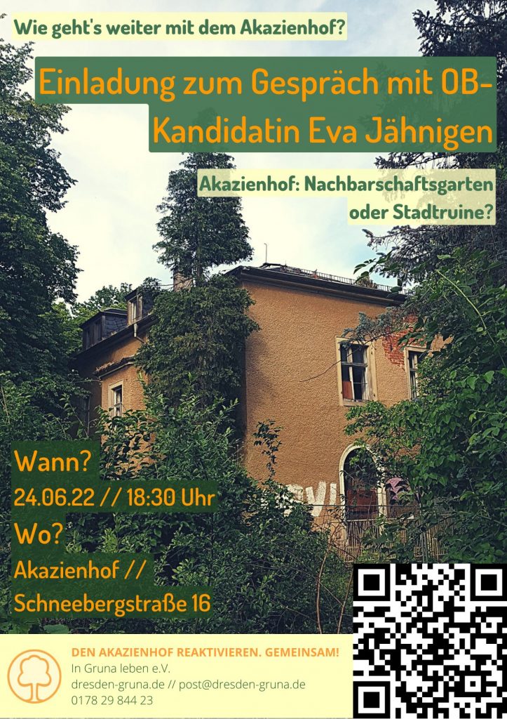 Einladung zum Gespräch mit OB-Kandidatin Eva Jähnigen am 24.06.22 um 18:30 Uhr am Akazienhof